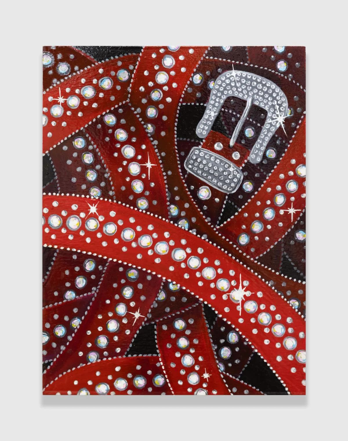 Abstract painted composition featuring a studded belt buckle rendered in white rhinestones against swirling red and dark brown sections decorated with white pearl embellishments.
