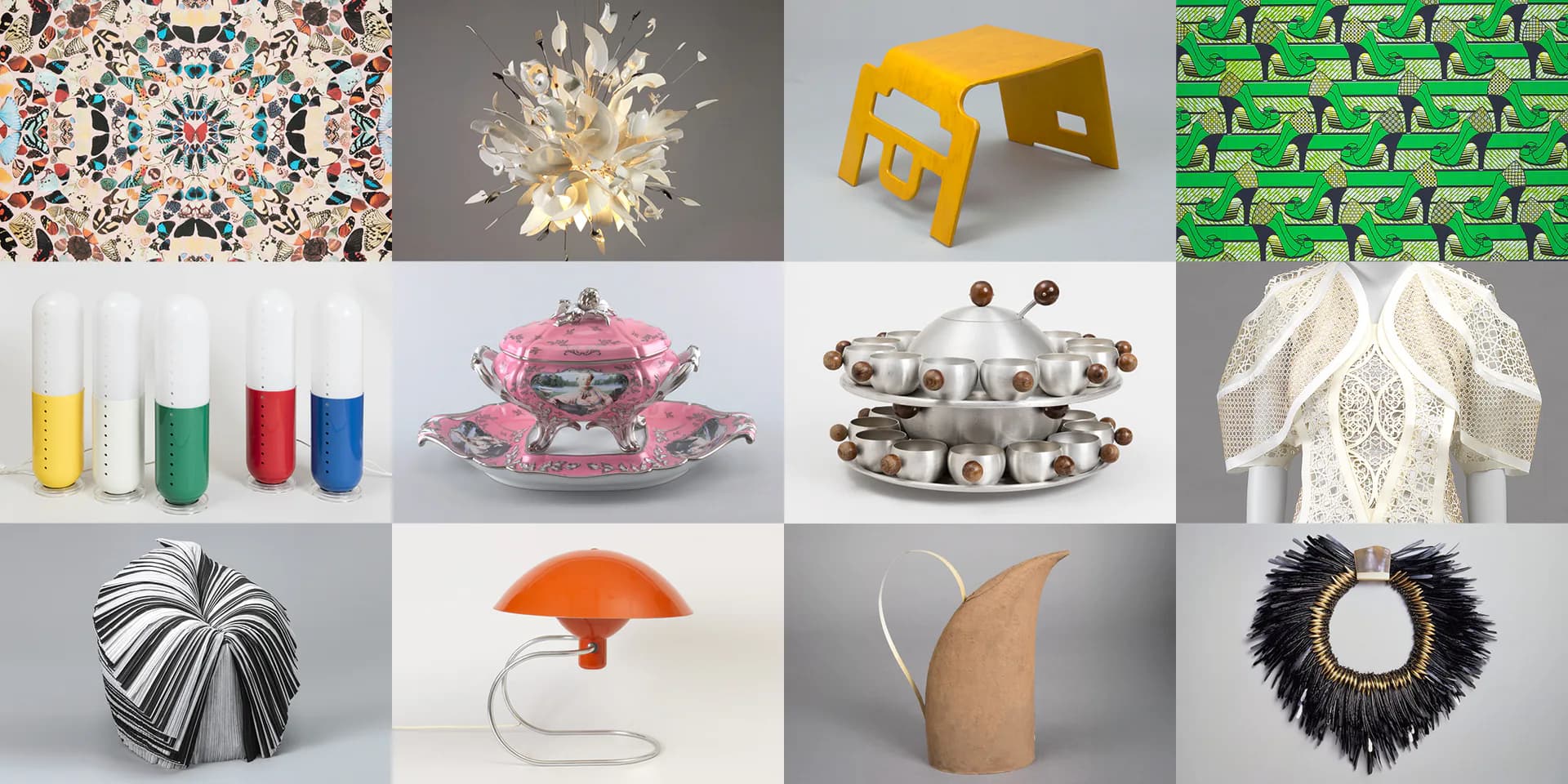 Grid of twelve mixed-media design objects including patterned textiles, geometric sculptures, colored glass vials, ceramic vessels, and decorative accessories in varied materials and colors.