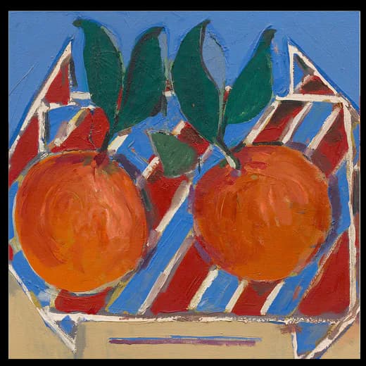 Two vibrant orange fruits with green leaves on a red and blue striped fabric, set against a blue background; mixed-media painting.