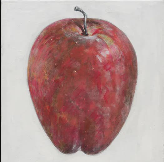 A single deep red apple with stem rendered in realistic detail on white ground; colored pencil or painting.