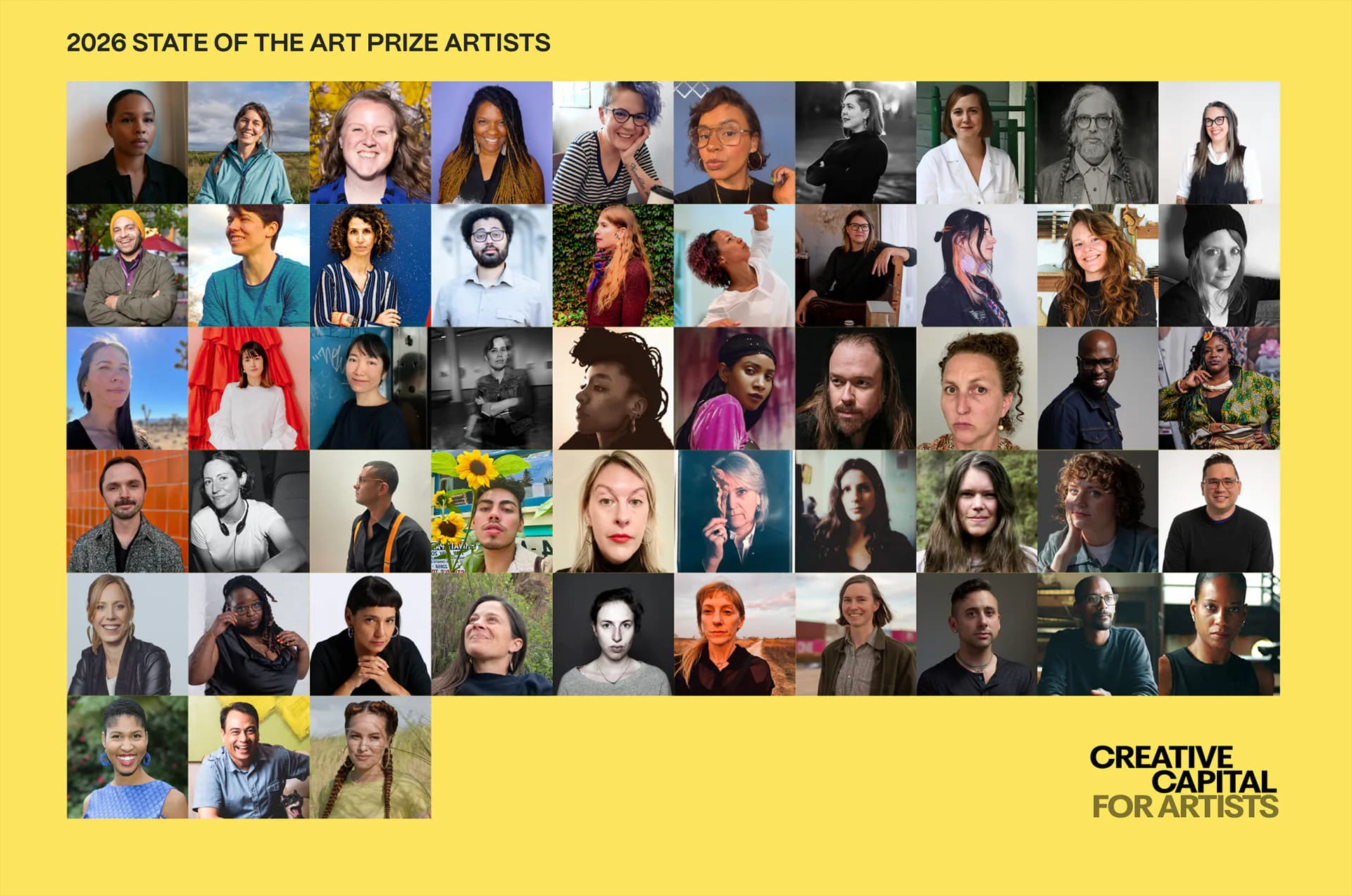 Yellow graphic displaying grid of 60 portrait headshots labeled '2026 State of the Art Prize Artists' with Creative Capital For Artists logo.