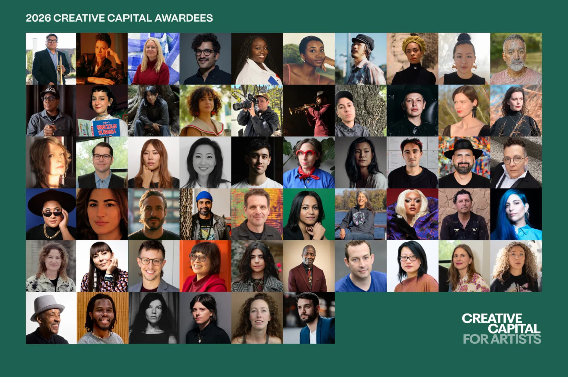 Green graphic displaying grid of 70 portrait headshots labeled '2026 Creative Capital Awardees' with Creative Capital For Artists logo.