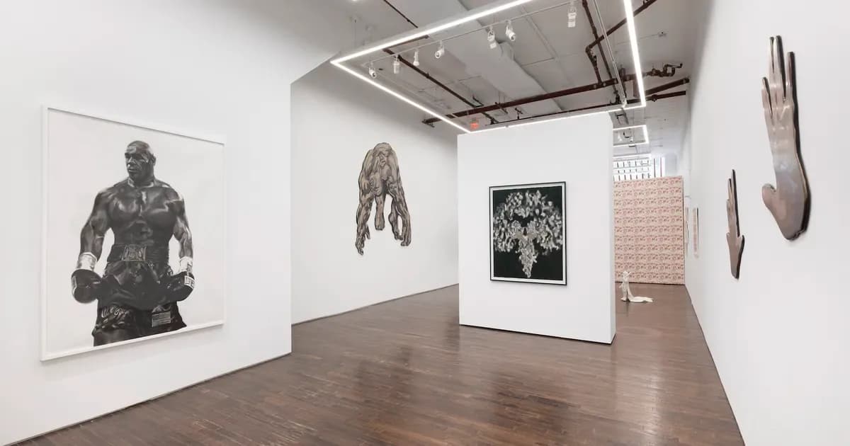 Cristin Tierney Gallery interior with polished wood floors, white walls, and varied artworks including figurative prints, sculptural pieces, and wall-mounted works under modern ceiling lighting.