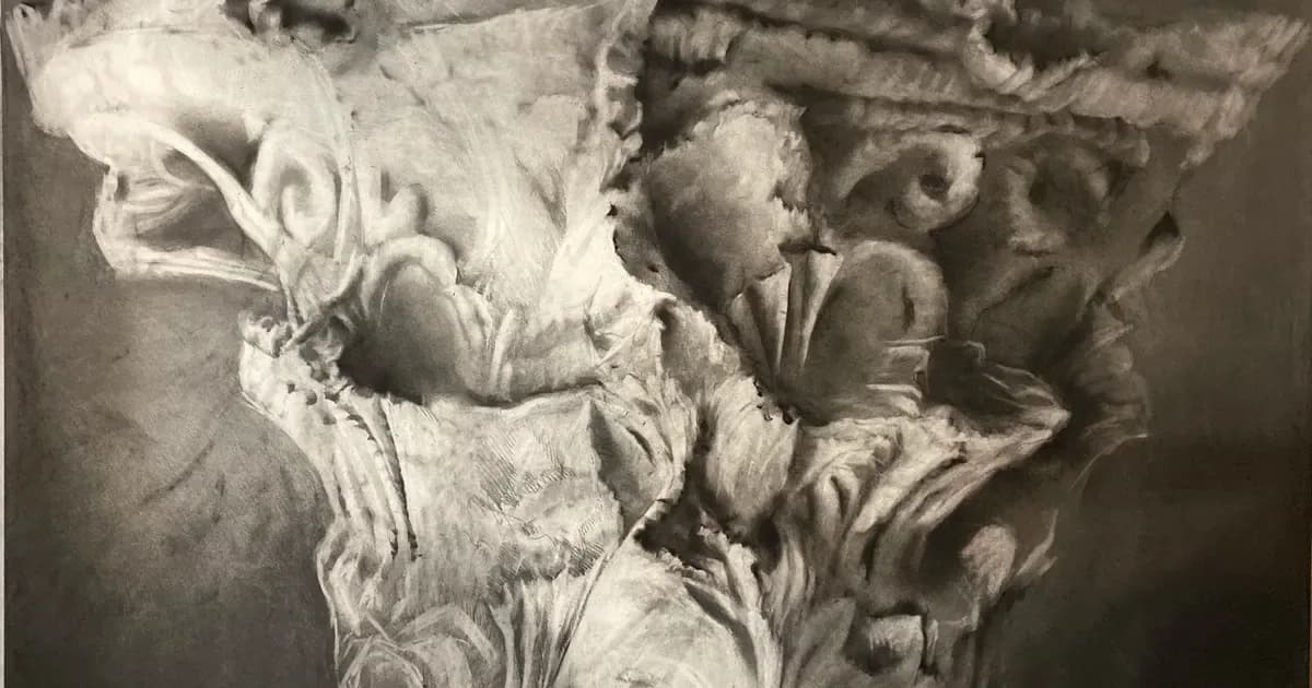 Monochromatic relief sculpture or architectural detail featuring ornate carved figures and decorative classical motifs in high contrast grayscale.