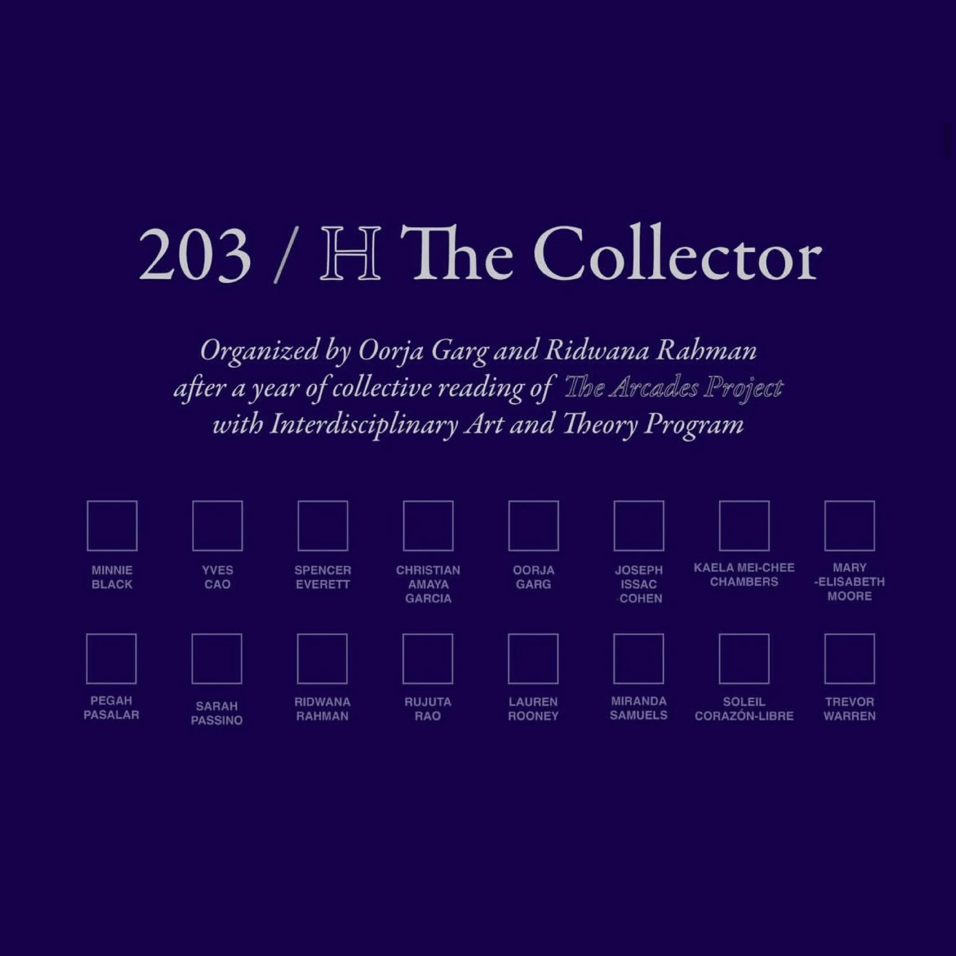 Dark purple exhibition announcement for "203 / H The Collector," organized by Dorja Garg and Riduana Rahman, displaying a grid of 16 artist names in light text.
