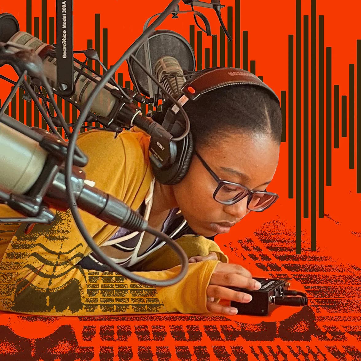 Digital collage artwork featuring a person in yellow shirt with large microphone and headphones, geometric radio waveforms, and keyboard elements on bright orange background.