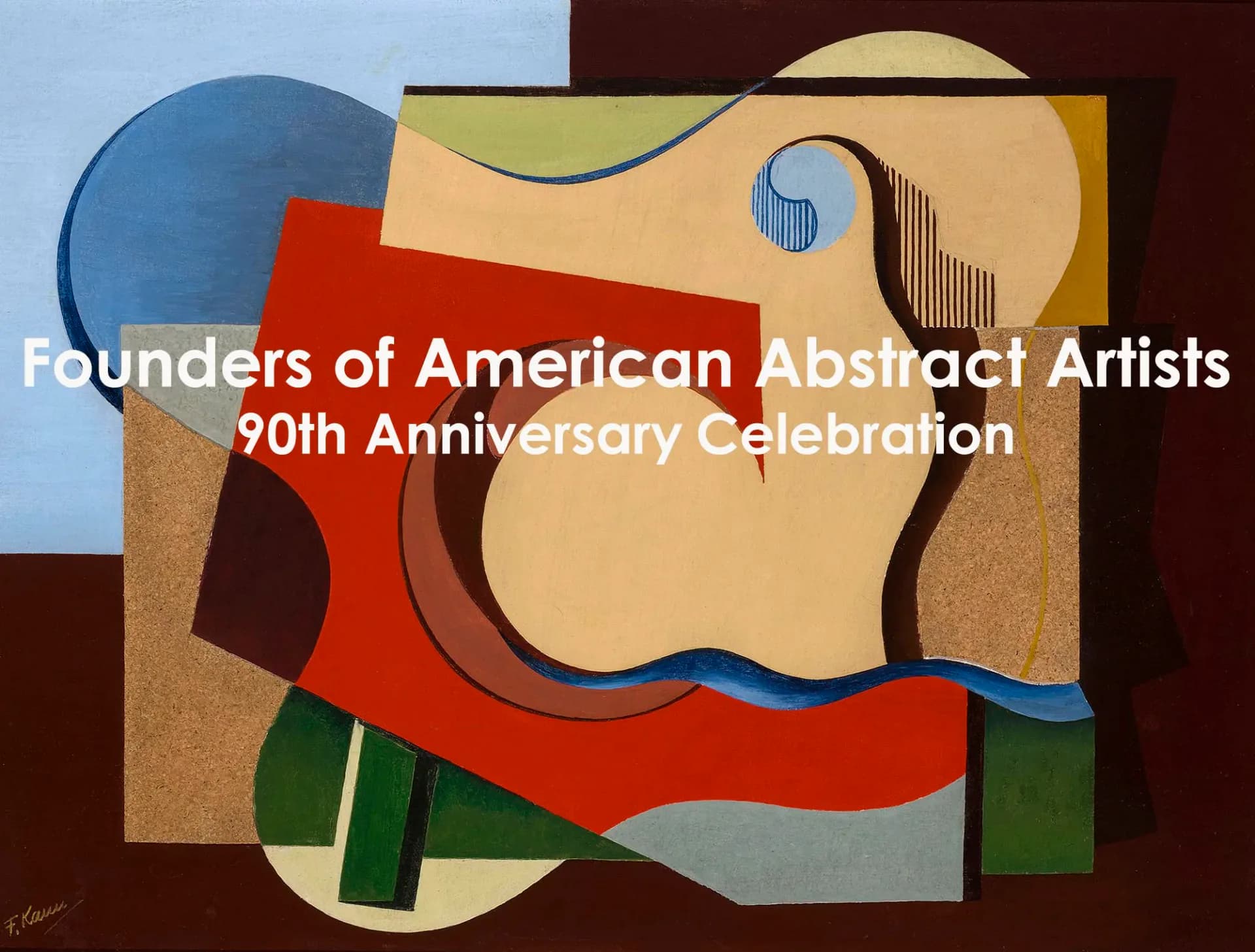 Colorful abstract geometric composition with overlapping shapes in blue, red, tan, and green announcing Founders of American Abstract Artists 90th Anniversary Celebration.