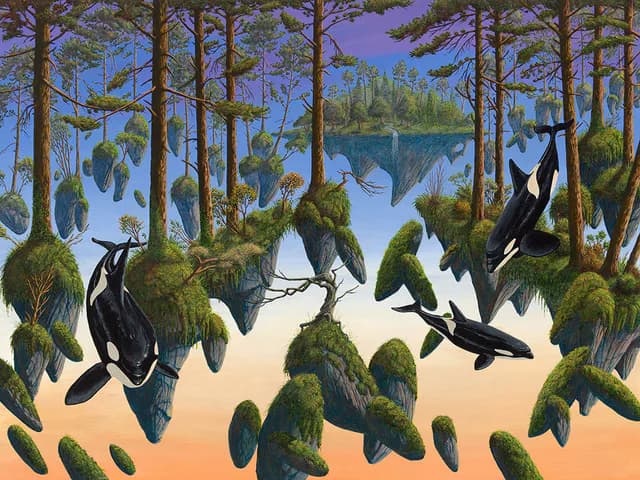 Surreal digital painting depicting black orcas swimming upward through a forest canopy with coniferous trees, misty water, and gradient sunset sky.