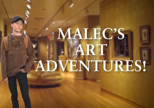Gallery interior at Dahesh Museum with warm golden-toned walls, framed artworks displayed on walls, and a young person in brown jacket standing in the corridor.