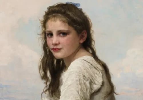 Portrait painting of a young woman with long brown hair, pale complexion, wearing a light cream-colored garment against a soft blue-gray cloudy background.