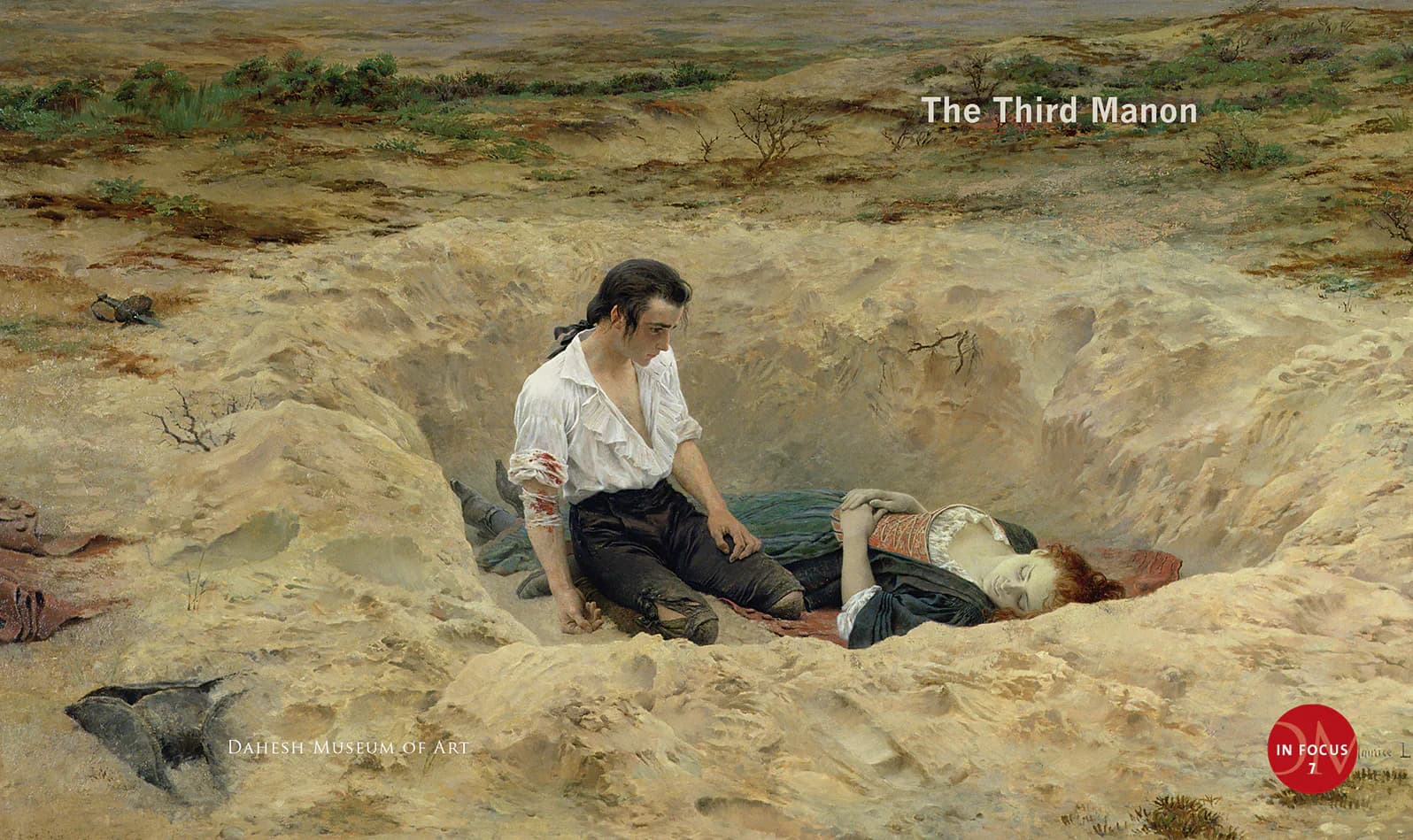 Painting titled 'The Third Manon' depicting a woman in white shirt and dark pants seated in an excavated sandy pit, with muted earth tones and dramatic lighting.
