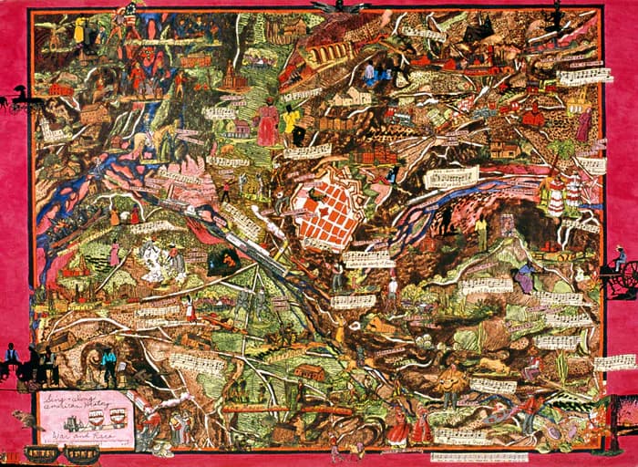 Dense, maximalist collage painting with layered medieval and historical imagery, figures, patterns, and gold accents on vibrant pink border.