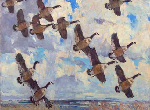 Impressionist-style oil painting of flock of geese in flight over water with blue and purple sky and landscape horizon.