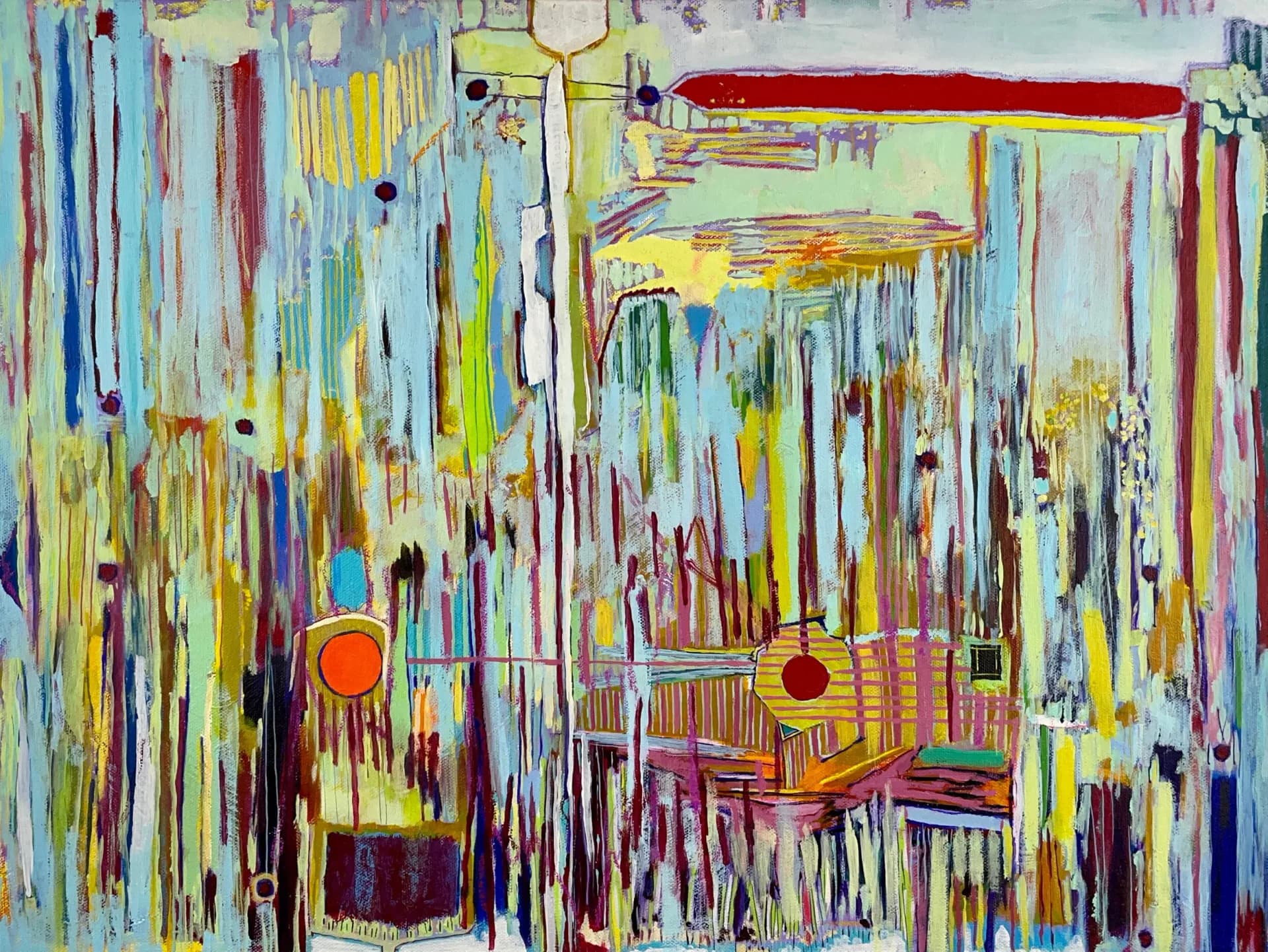 Large-scale abstract mixed-media work with vertical linear patterns in yellow, blue, red, and white; layered geometric composition by Derek Des Islets.