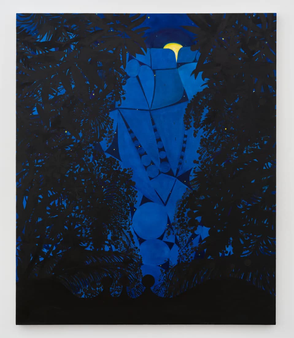 Abstract painting with bold blue geometric shapes resembling a stylized figure against a dark textured background with black and blue tones.