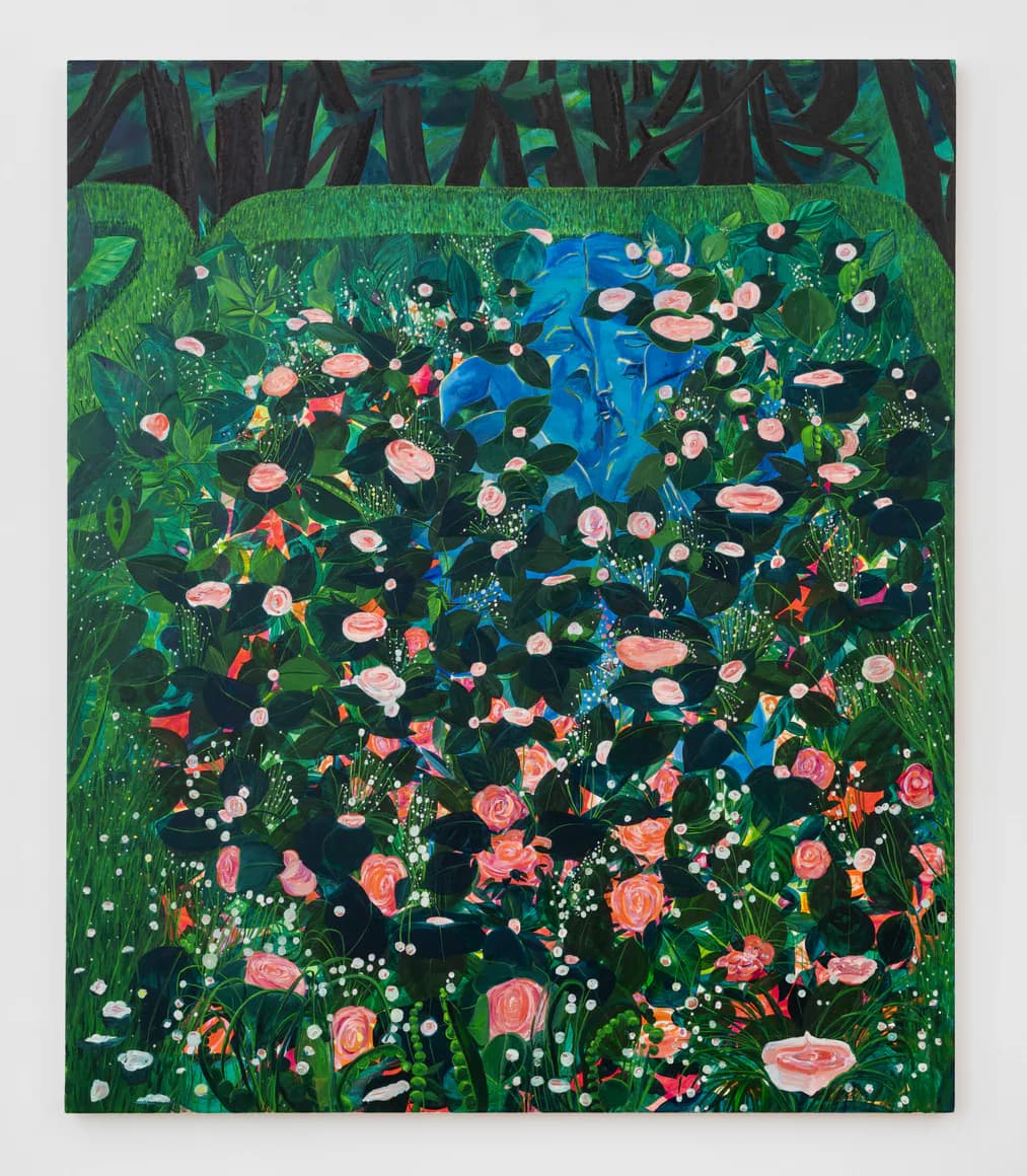 Colorful painting depicting a vibrant field of pink and coral flowers with green foliage and a central blue figure against a dark background.