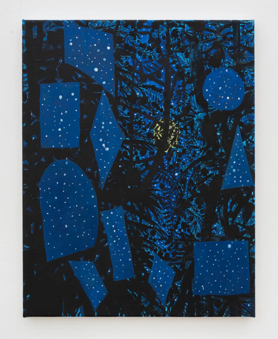 Abstract painting with bright blue geometric forms filled with white dots resembling stars, set against a dark textured black background.