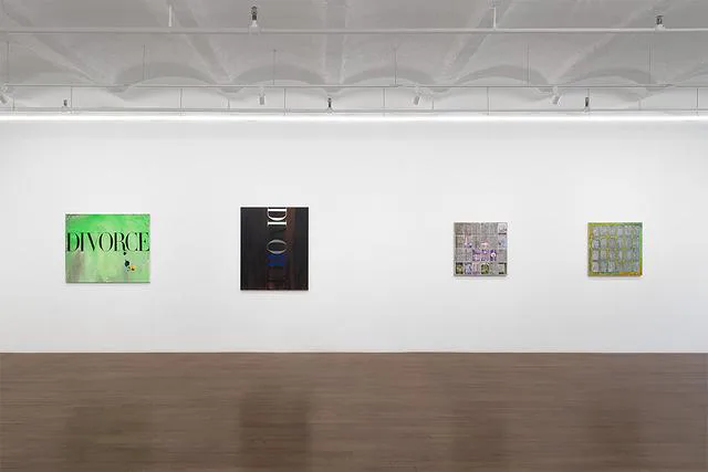 Gallery wall displaying four artworks: bright green text piece, black framed work, and two patterned abstract pieces.