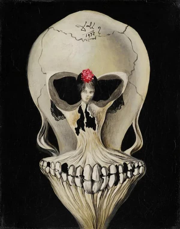 Surrealist drawing on black background: anatomical skull with portrait of woman's face emerging from center, crowned with red jeweled ornament.