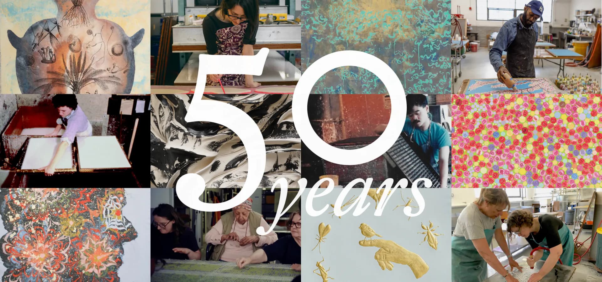 Collage celebrating 50 years featuring studio photography, colorful abstract artworks, and handmade papers with vibrant patterns and textures.