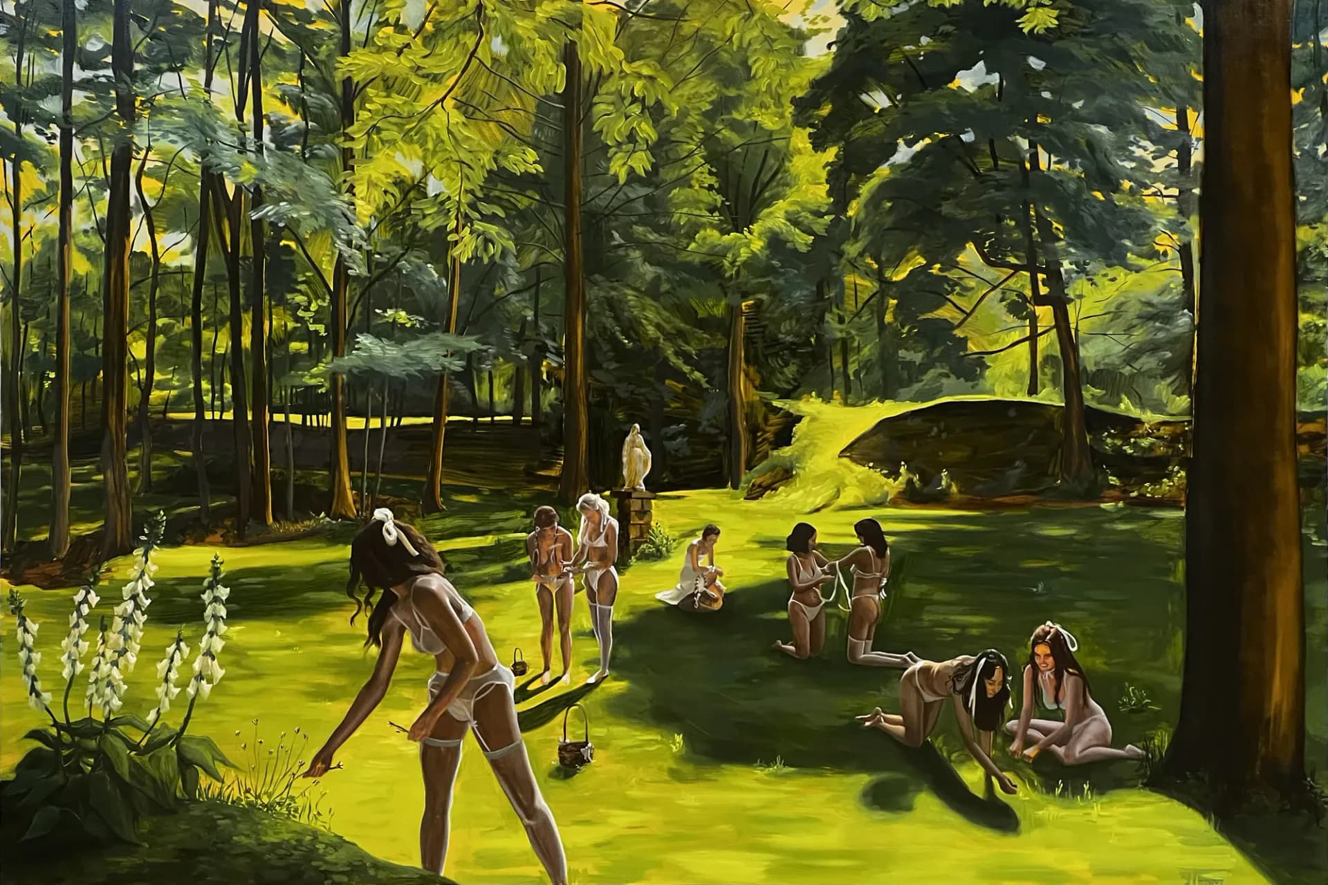 Luminous painting depicting multiple human figures in a sunlit forest clearing with vibrant green foliage and warm golden light.