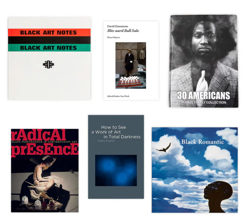 Collage of six book and exhibition covers featuring Black art and cultural studies, including titles on Black Romanticism, radical presence, and 30 Americans photography collection.