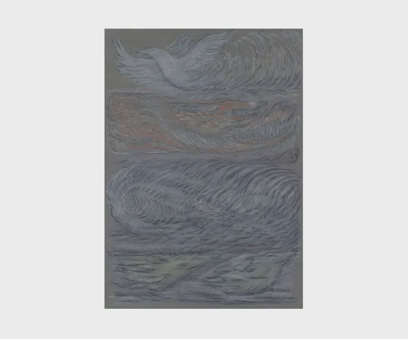 Gray and brown painting with swirling, gestural brushstrokes creating dynamic abstract patterns across the canvas.