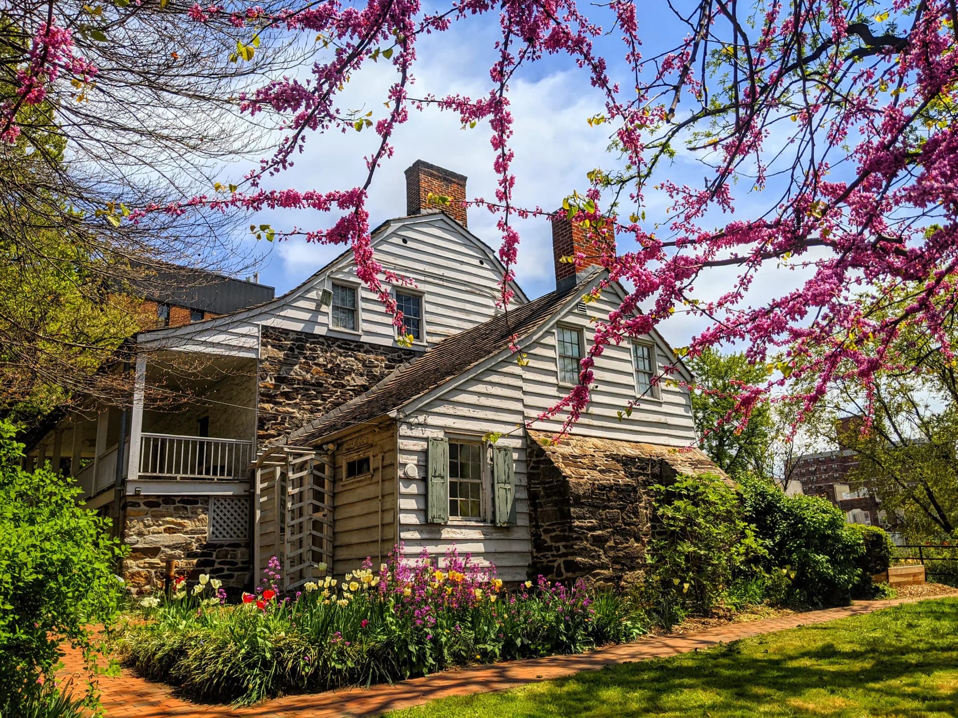 Exterior of Dyckman Farmhouse Museum, a historic white and stone house with multiple chimneys, surrounded by blooming magenta trees and green landscaping.