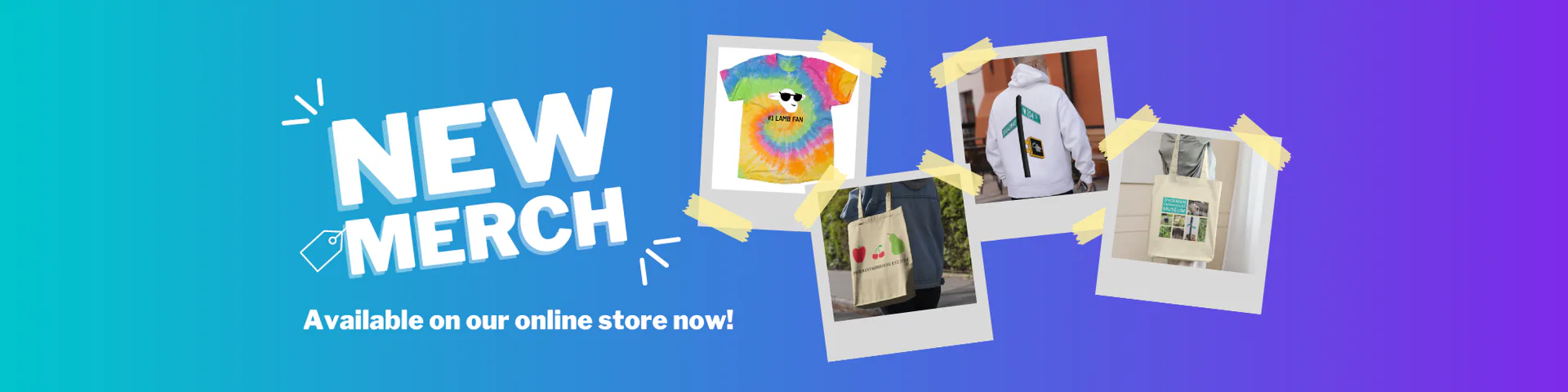 Colorful gradient banner promoting 'NEW MERCH' with illustrated product images against turquoise-to-purple background.