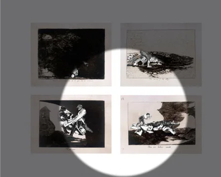 Four black and white etchings or prints arranged in grid, depicting dramatic figures in various poses, mounted on gray wall with circular light overlay.