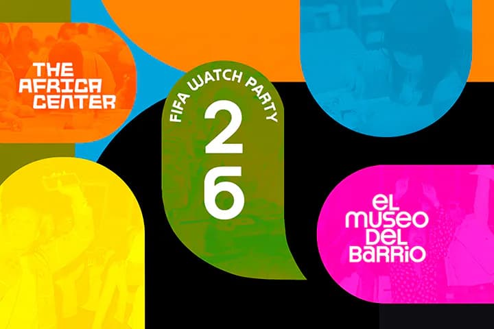 Colorful promotional graphic featuring overlapping circles in orange, blue, yellow, and magenta with text including "The Africa Center," "Pifa Watch Party 26," and "el museo del barrio."