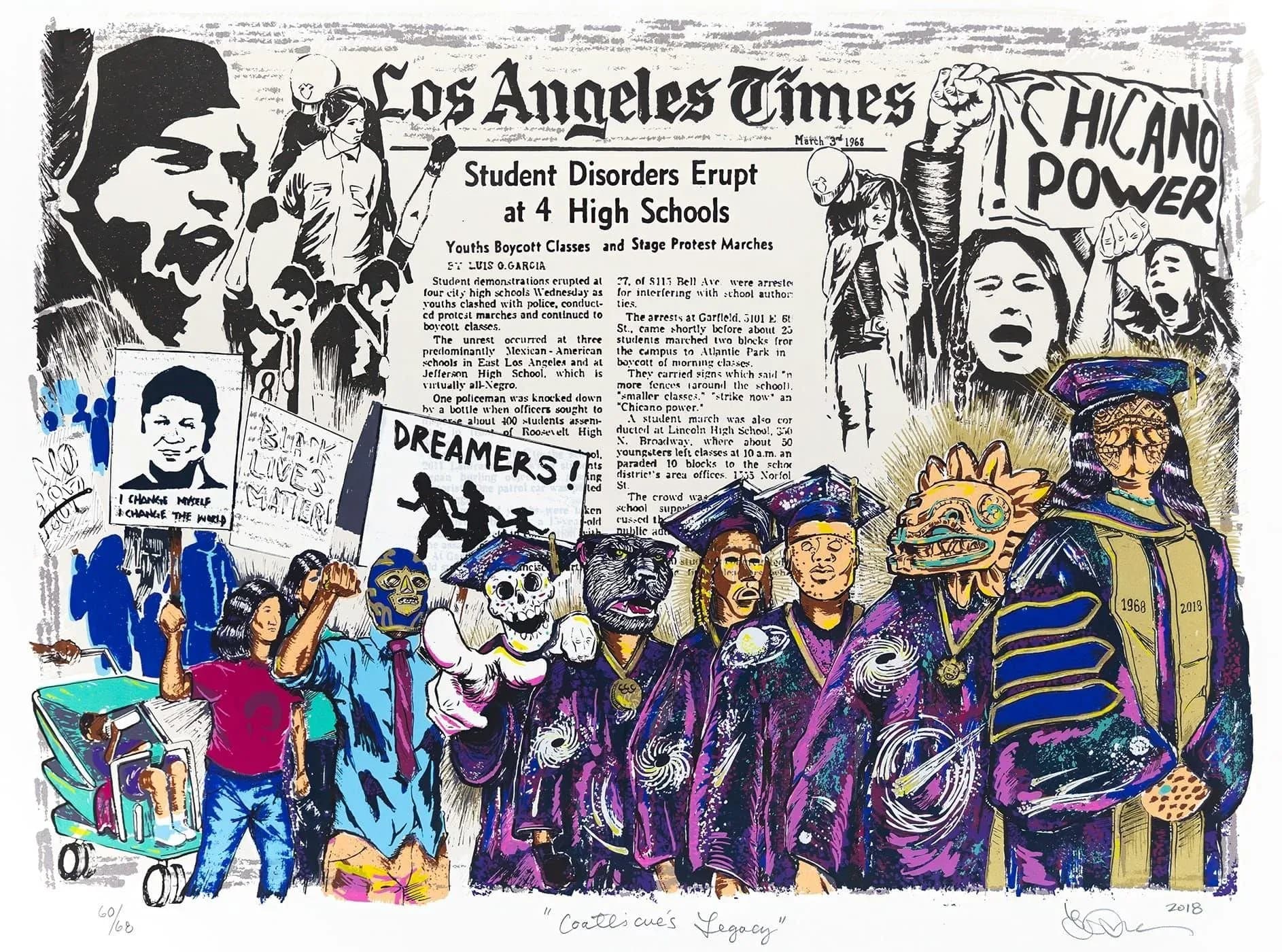 Mixed-media collage combining a Los Angeles Times newspaper clipping with hand-drawn and painted figures in purple, blue, and gold tones.