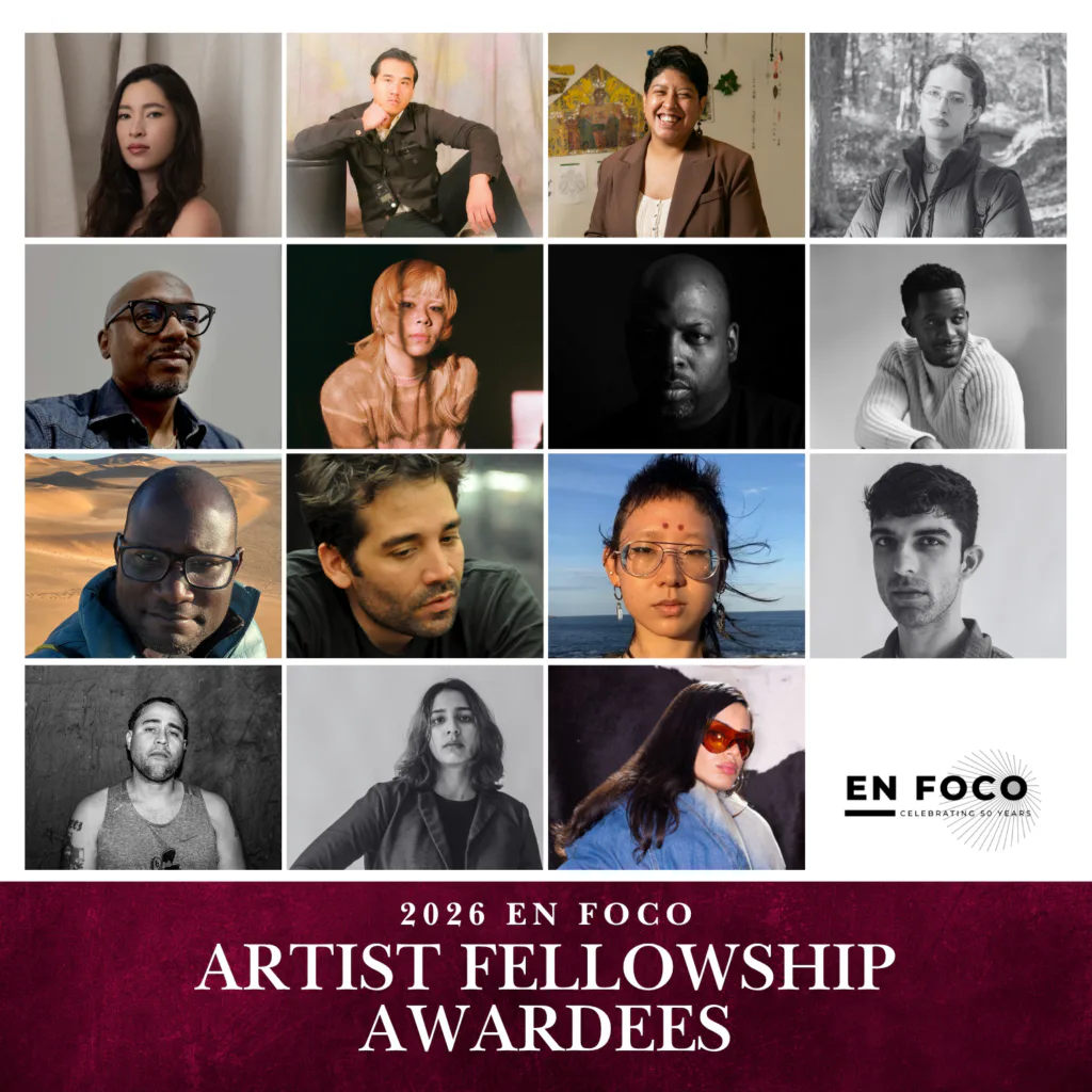 Grid of 15 headshots of diverse artists, En Foco's 2026 Artist Fellowship awardees, in color and black-and-white photography.
