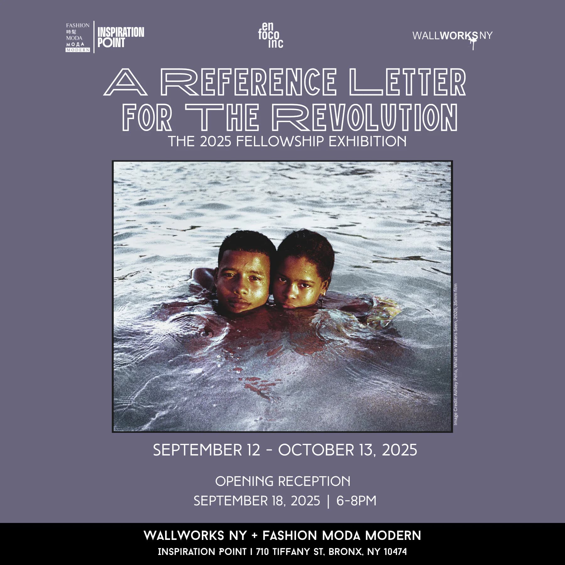 Exhibition poster for 'A Reference Letter for the Revolution,' the 2025 fellowship exhibition (September 12–October 13, 2025), featuring two figures in water.