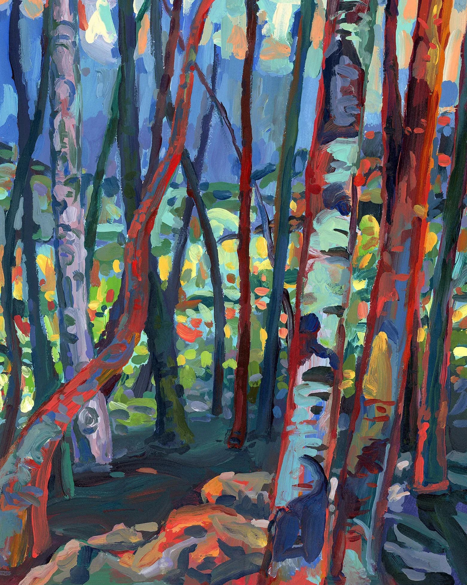 Forest scene with vertical birch and dark tree trunks in blues, reds, and greens; painterly expressionist style with vibrant layered colors.