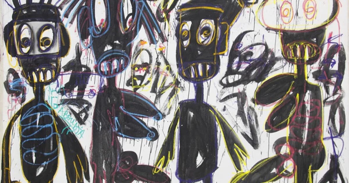 Abstract expressionist drawing with densely layered black, blue, yellow, and purple mark-making depicting fragmented skeletal or mechanical forms.