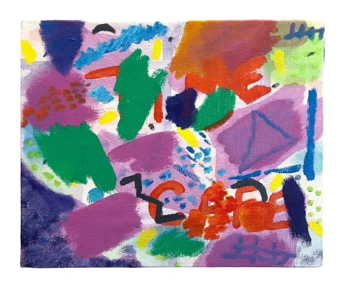 Vibrant abstract painting with overlapping shapes in green, purple, pink, blue, orange, and yellow with loose brushwork and layered composition.