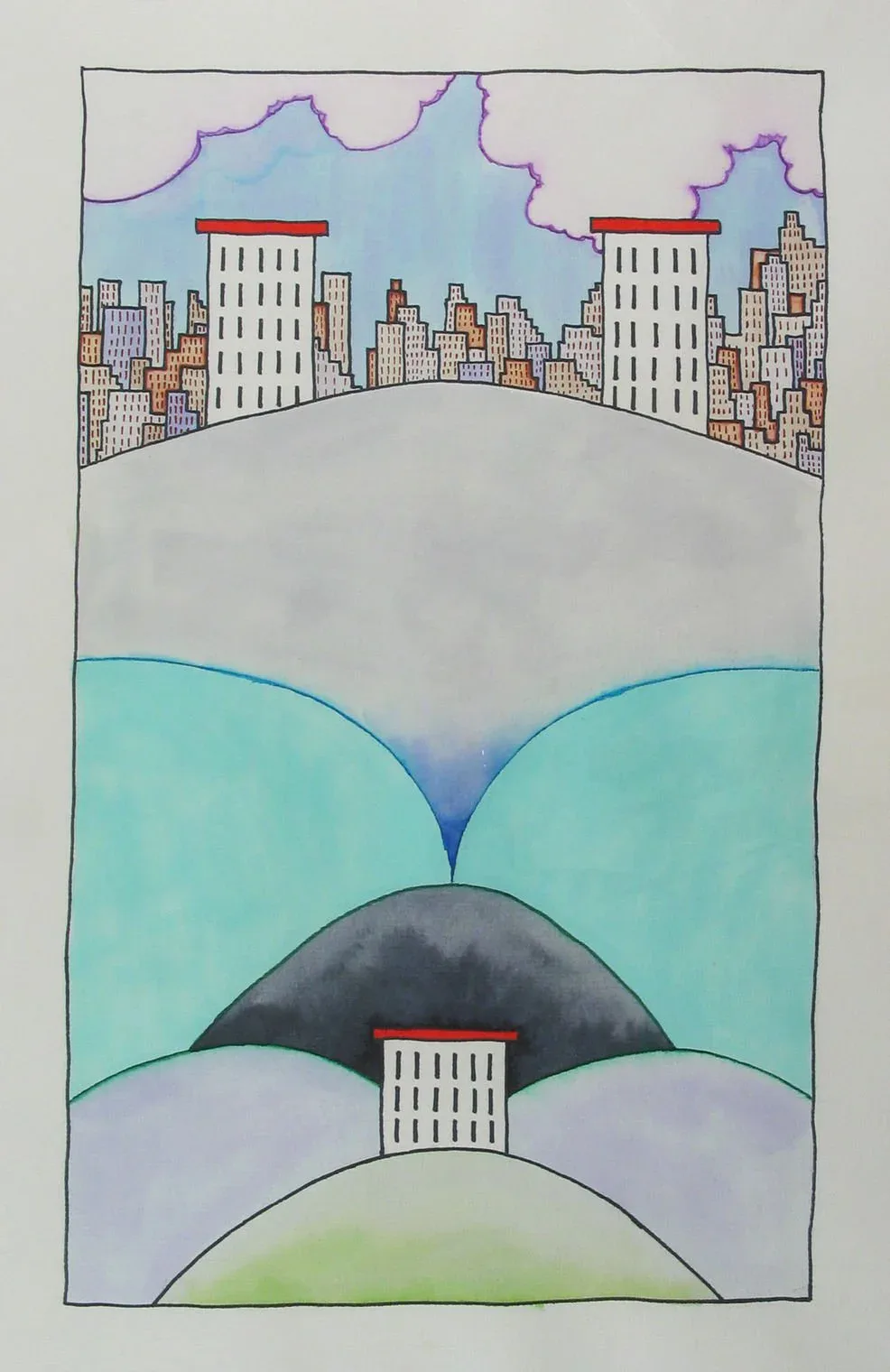 Stylized cityscape drawing with two tall buildings flanking a downtown skyline, floating above layered curved sections depicting water, mountains, and landscape in turquoise, gray, and green tones.