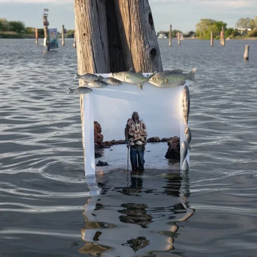 Person standing in shallow water framed by a white rectangular sculptural portal with wooden pilings in background.