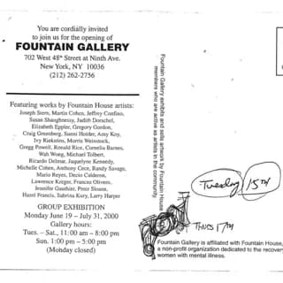 Exhibition invitation and details for Fountain House Gallery group show, June 19–July 31, 2000, with handwritten notes.