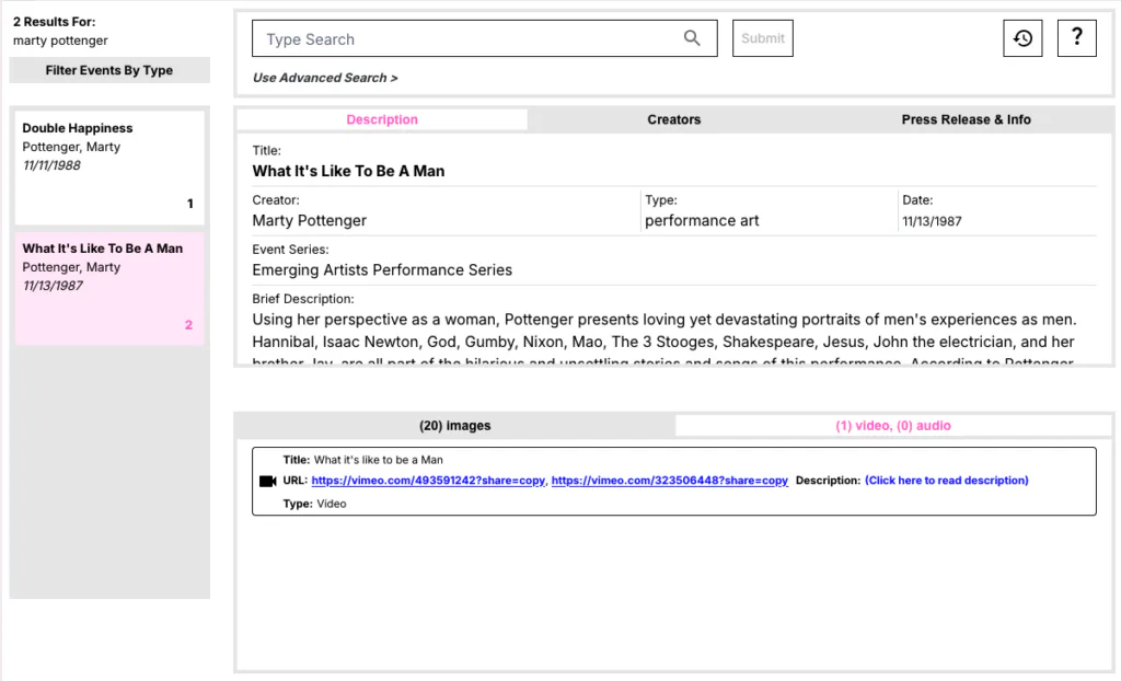 Screenshot of a search results page displaying information about Mary Pottenger's performance art piece 'What It's Like To Be A Man' in the Franklin Furnace archive.