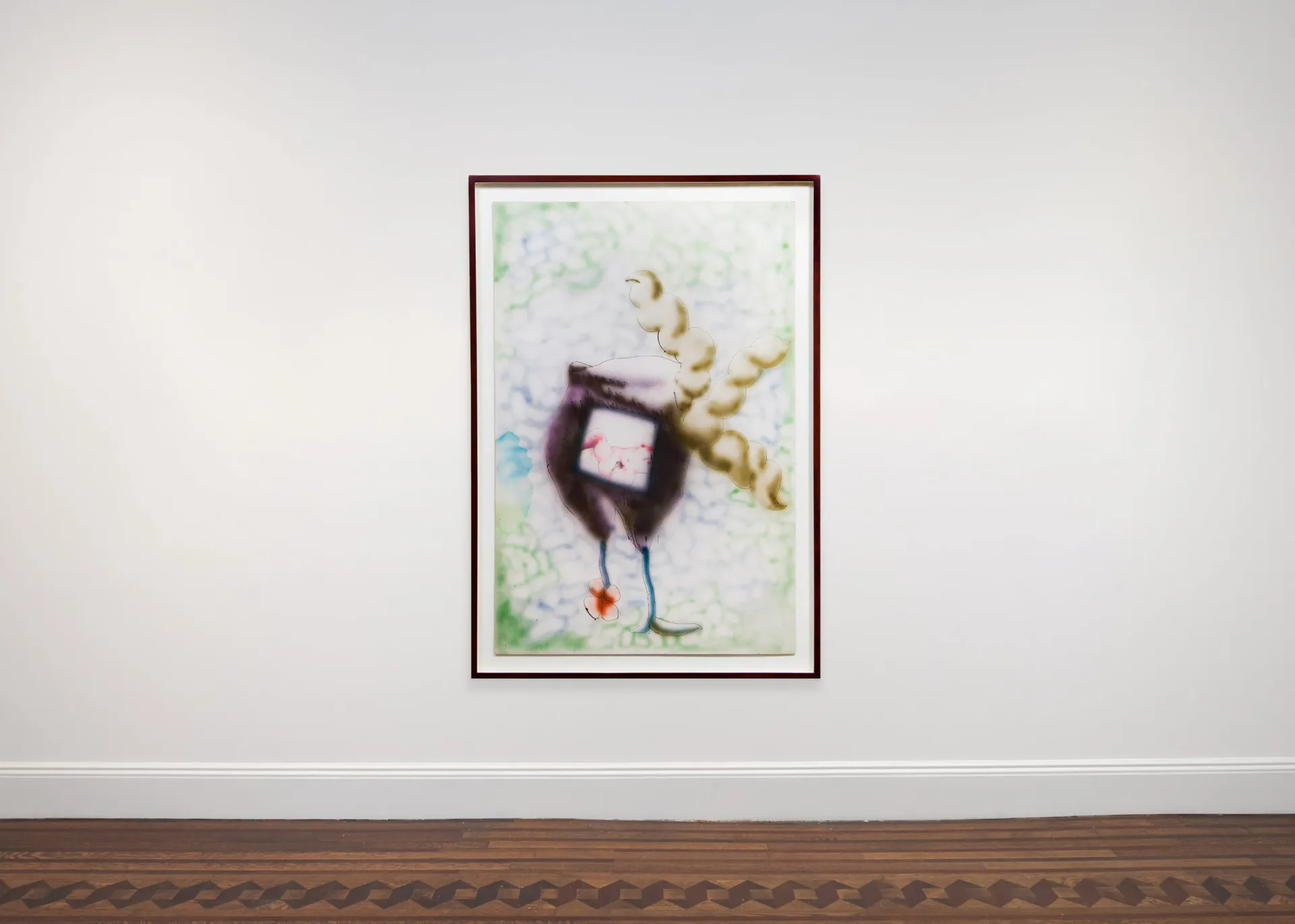 Framed artwork depicting an abstract figure in dark purple with gestural gold marks and small red element on light background.