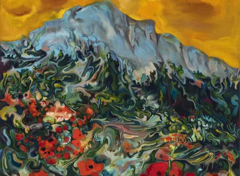 Oil painting of a mountain landscape with blue-grey peak against golden sky, vibrant wildflowers and swirling green foliage in foreground.