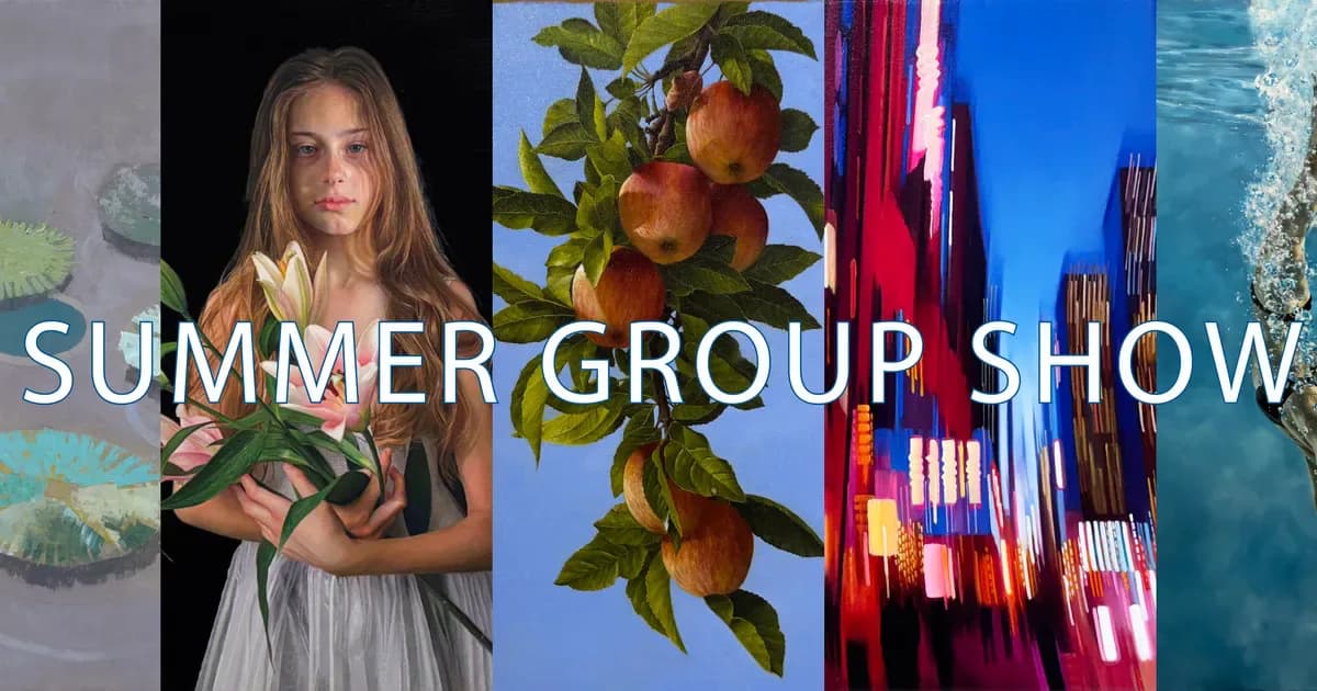 Promotional collage with "SUMMER GROUP SHOW" text overlaid on five vertically-stacked image panels featuring a portrait, fruit branches, architecture, and underwater scenes.