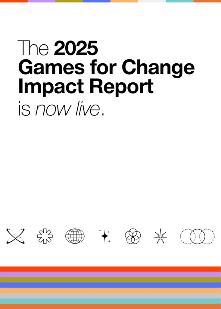 2025 Games for Change Impact Report announcement poster with multicolored stripe header, outlined icons, and bold sans-serif typography on white background.