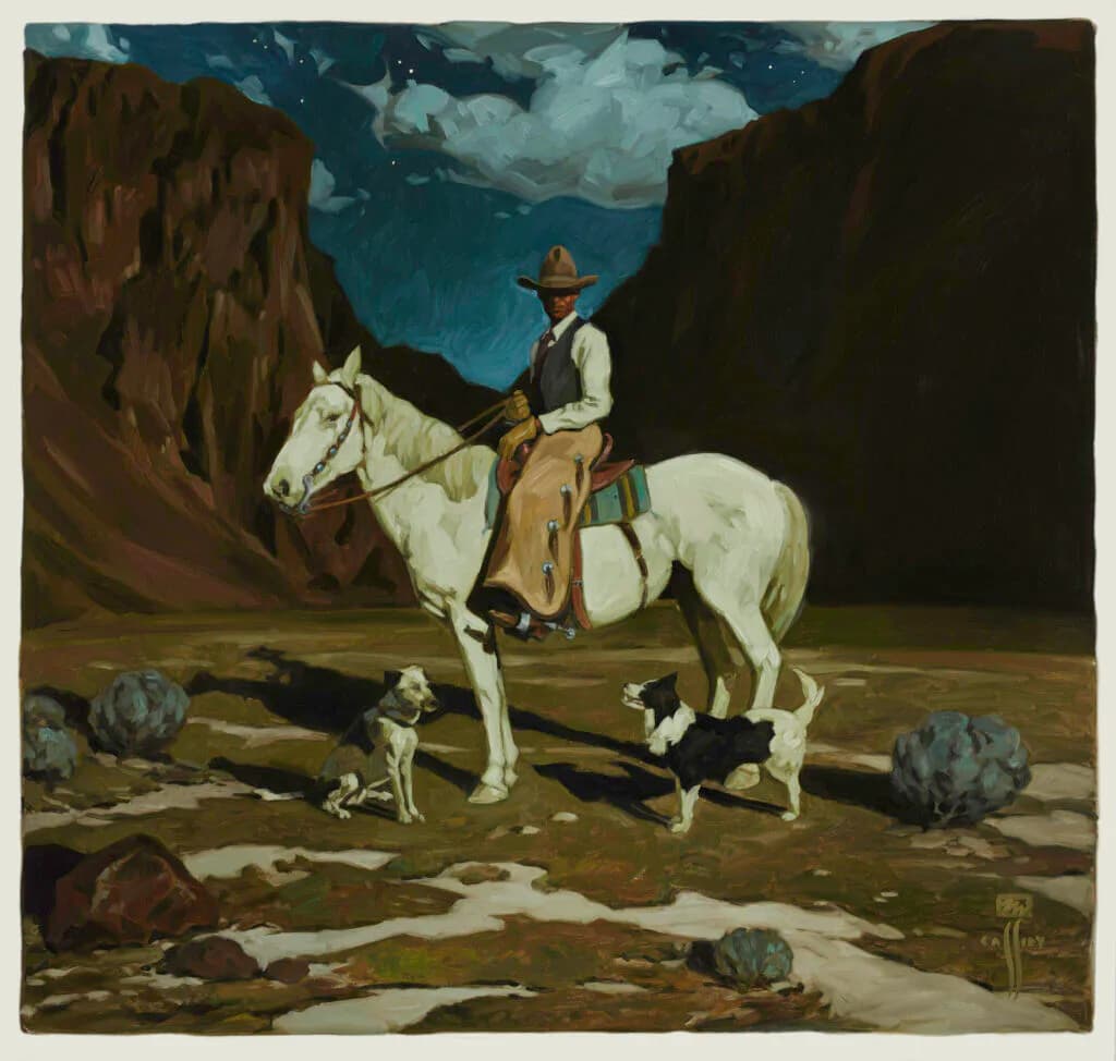 Oil painting of a cowboy on a white horse in a desert canyon landscape with two dogs, rendered in warm earth tones and blue sky.