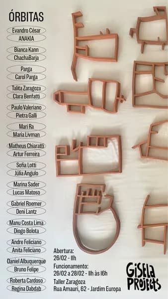 Exhibition poster for 'Órbitas' featuring list of artists, terracotta-colored geometric frames against cream background, and Gisela Projects logo.