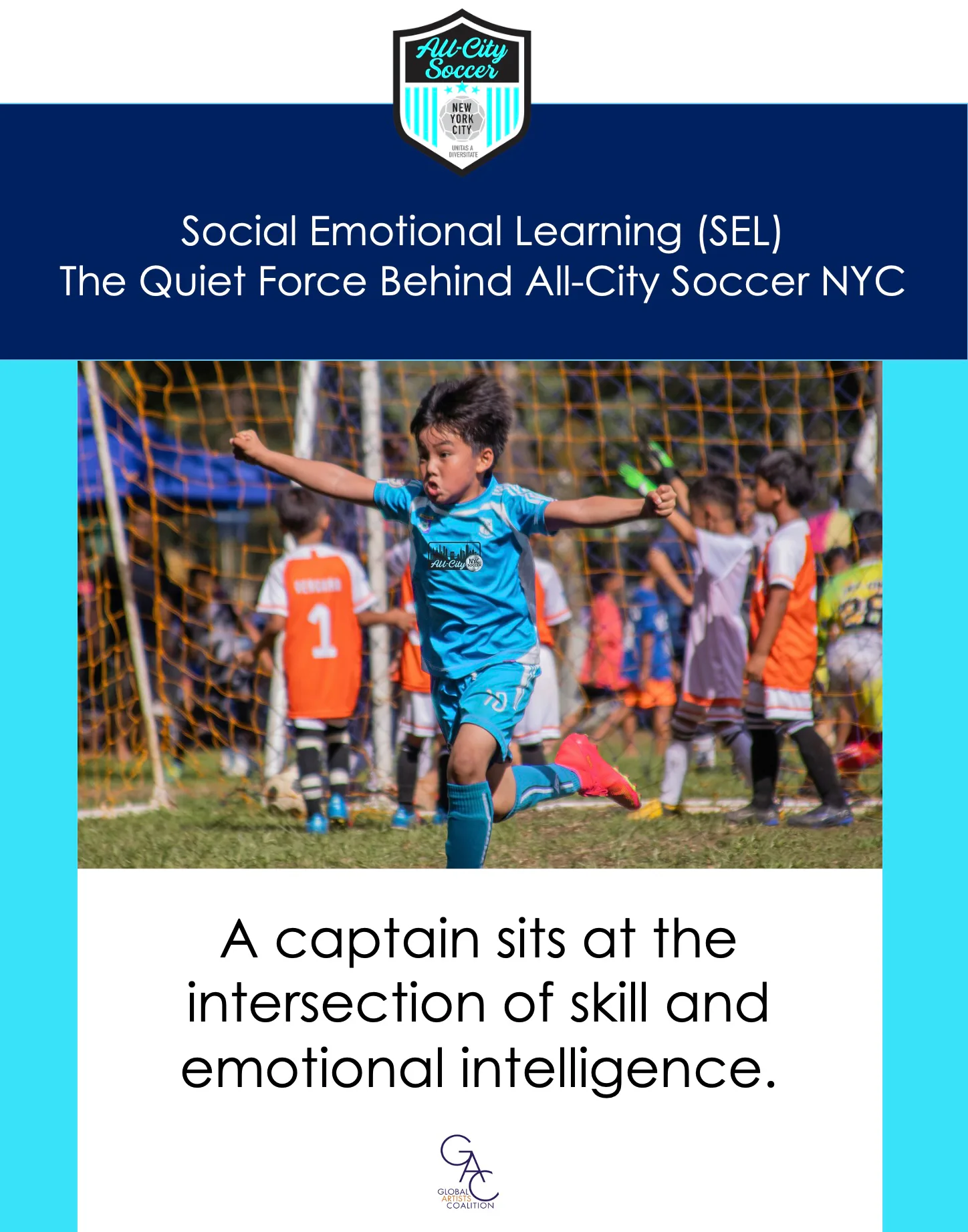All-City Soccer NYC promotional graphic with blue and white color scheme featuring young player in teal jersey celebrating with arms raised near goal.