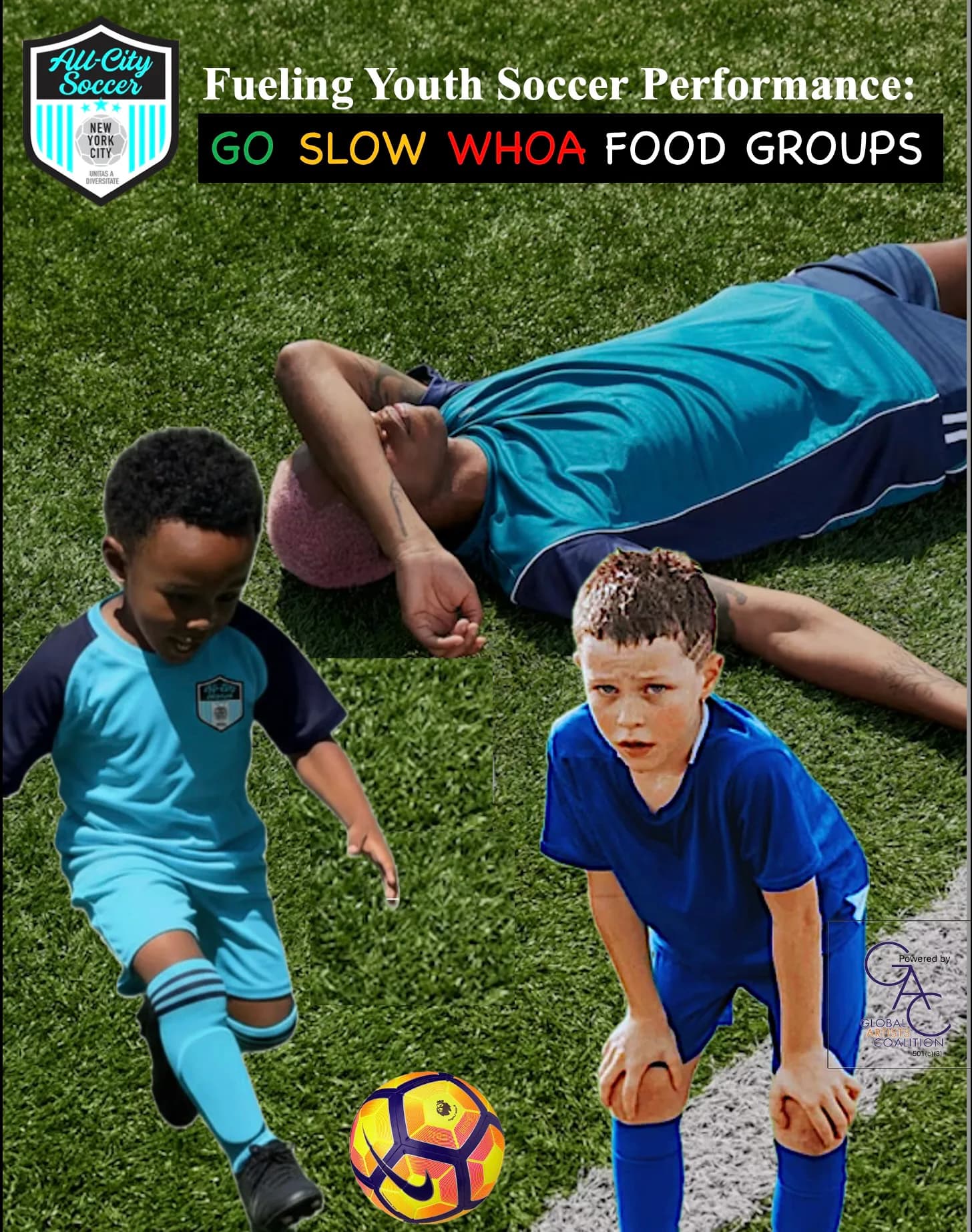 All-City Soccer promotional graphic showing youth players and adult on grass field with text "Fueling Youth Soccer Performance: GO SLOW WHOA FOOD GROUPS" in multicolor lettering.