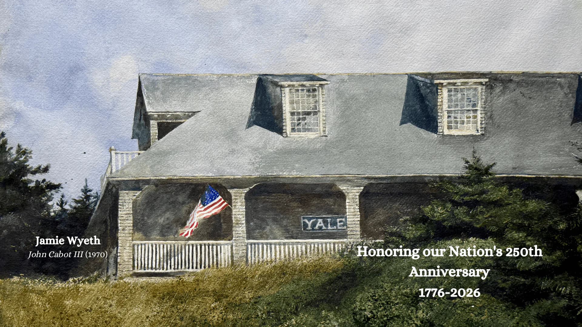 Exterior of a historic stone house with white trim, dormers, and front porch displaying American flag and Yale banner, with overgrown grass.